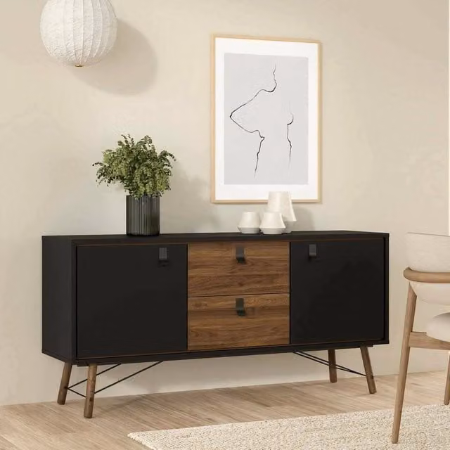 Credenza Manyi DMORA, Buffet e Madia da Soggiorno o Cucina, Nero e Noce, L 150 x P 40 x H 72 cm