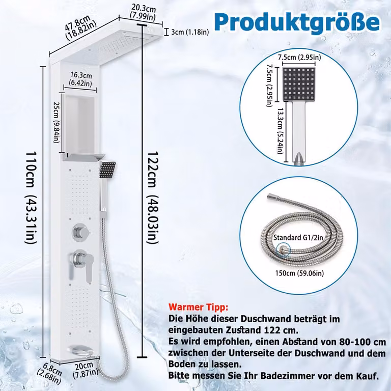 Set doccia a soffitto – Pannello doccia – Colonna doccia – Doccetta manuale – Getto a cascata – Acciaio inossidabile – 5 modalità – Bianco