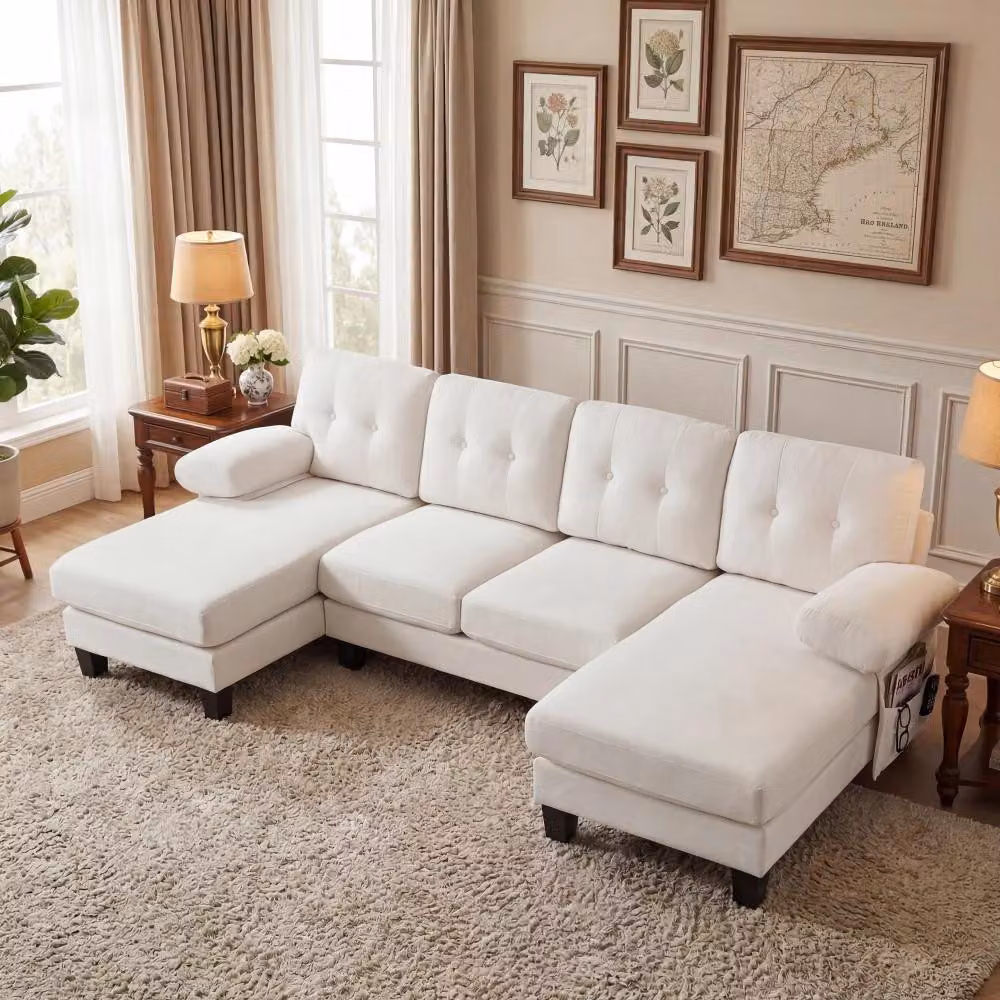 Divano angolare a forma di "U" con poltrona - 4 posti - Divano letto - Rivestimento in chenille - Schienale regolabile - Design moderno - Colore beige