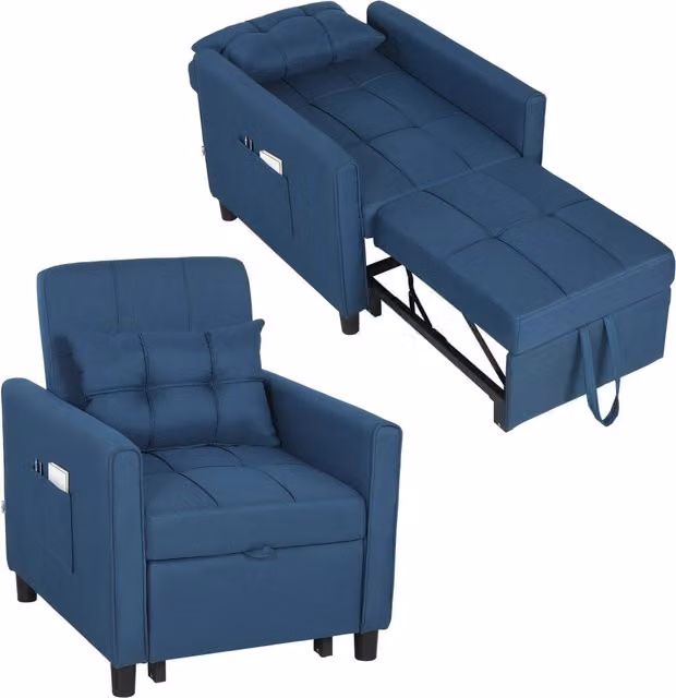 Poltrona Letto Pieghevole con Schienale Regolabile e Cuscino, Blu