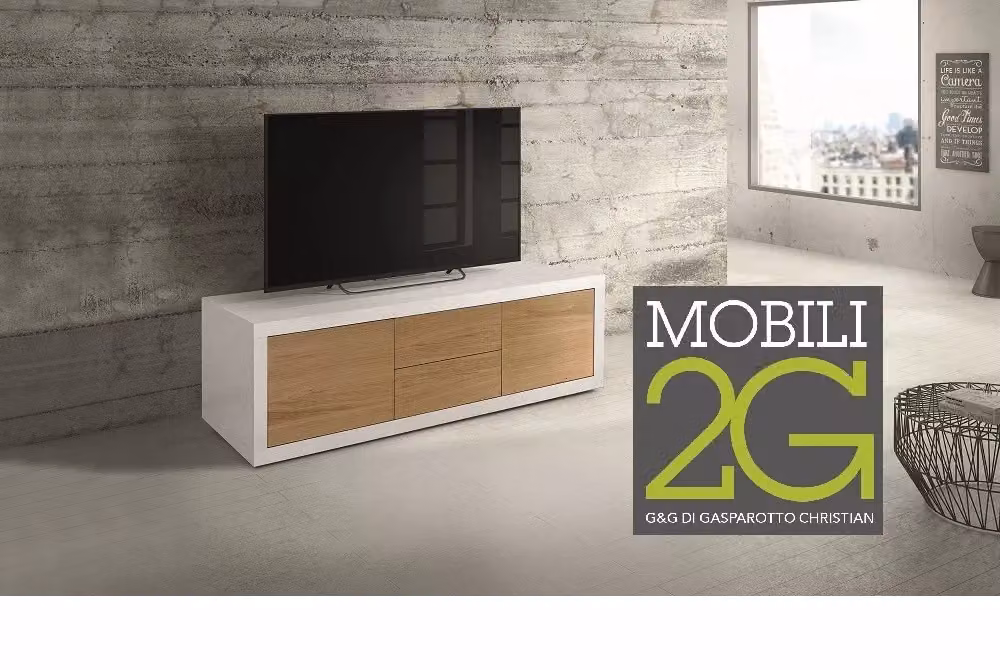 Porta TV moderno Mobili 2G in rovere naturale e laccato bianco L: 170 cm, P: 45 cm, H: 50 cm – 1