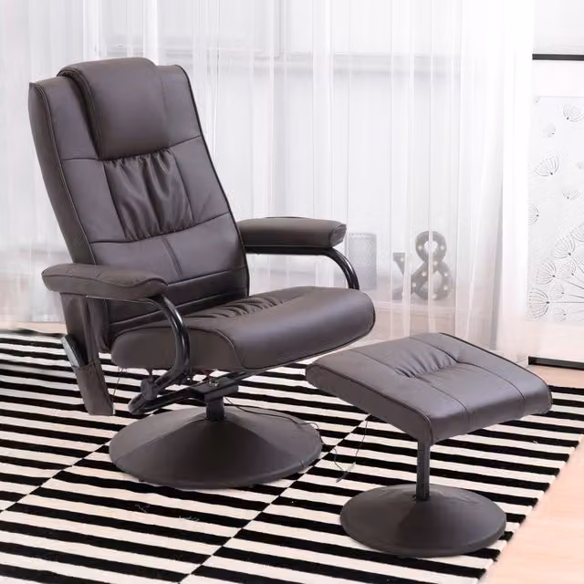 Poltrona relax girevole REDOM con poggiapiedi, rivestimento in pelle sintetica marrone e struttura in metallo – 1