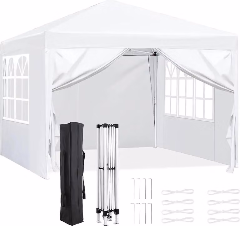 Gazebo pop-up - Gazebo pieghevole 3x3 m - Altezza regolabile da 176 a 200 cm - Struttura in acciaio - Tessuto Oxford rivestito in PVC - Impermeabile - Con pareti laterali - Bianco
