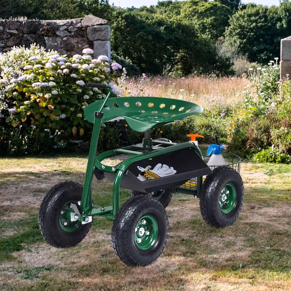 Carrello da giardino con sedile regolabile e manico estensibile Verde L/P/H: 96,5 x 47,5 x 55 cm – 2