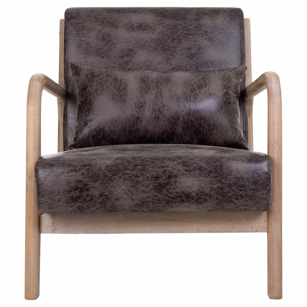 Poltroncina imbottita Wanderlust Deco in ecopelle marrone con struttura in legno massello e braccioli, stile mid-century, L: 66 cm, P: 83 cm, H: 37/74 cm – 2