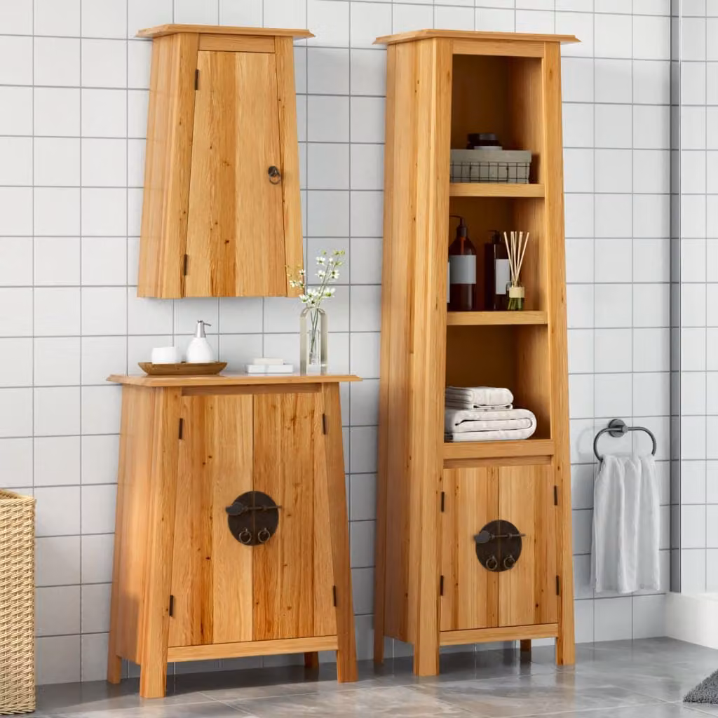 Set di mobili da bagno vidaXL in legno di pino marrone stile rustico, composto da 3 pezzi: armadio alto, mobile laterale e pensile a muro – 1