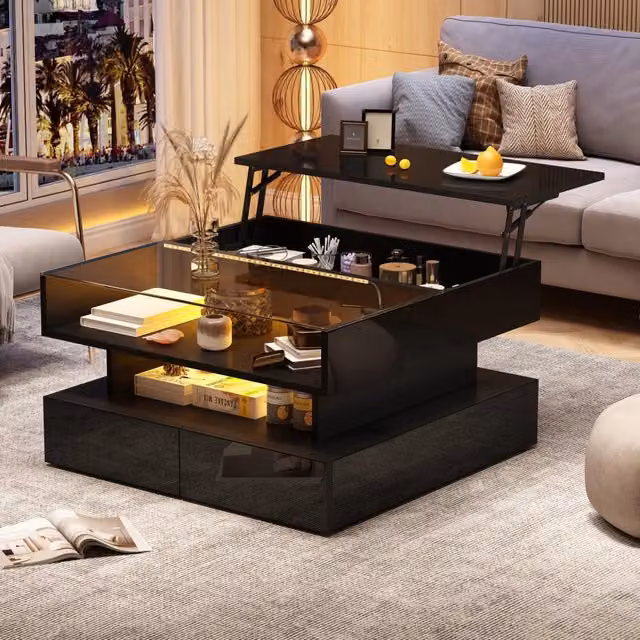 Tavolino da Salotto 80x80x45 cm, Alzabile con LED, Vano Nascosto e 2 Cassetti, in Vetro Temperato Lucido Nero