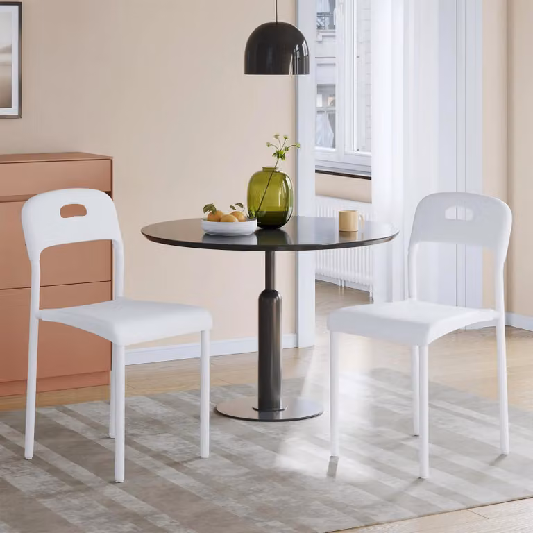 Sedie da pranzo moderne impilabili - Set da 2 - Sedie in plastica - Gambe in metallo - Schienale ergonomico - Resistenti all'acqua, adatte per interni ed esterni - Bianco