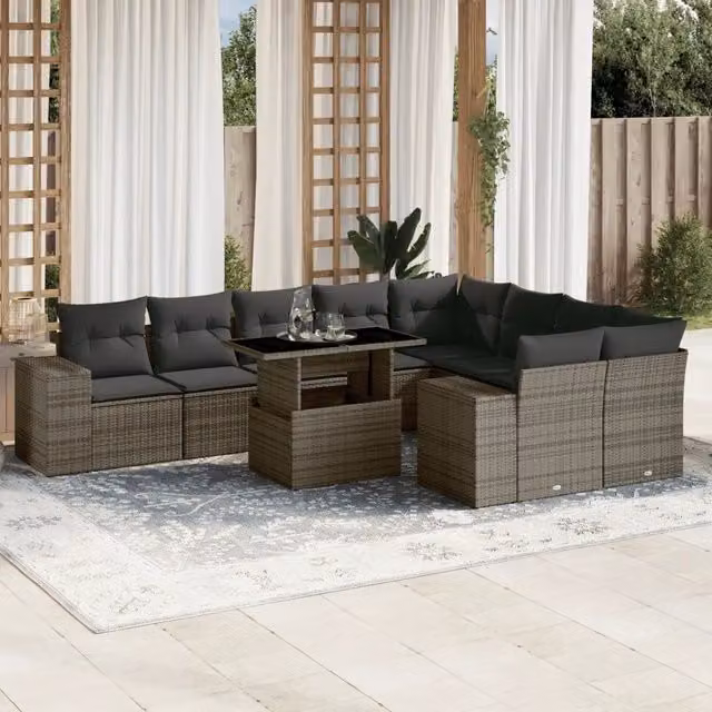 Set Divano da Giardino 10 pz con Cuscini Grigio in Polyrattan 3269390