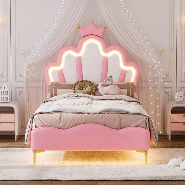Letto con testiera a corona ¨C Minimal ¨C Rosa similpelle, LED, 90x200 cm