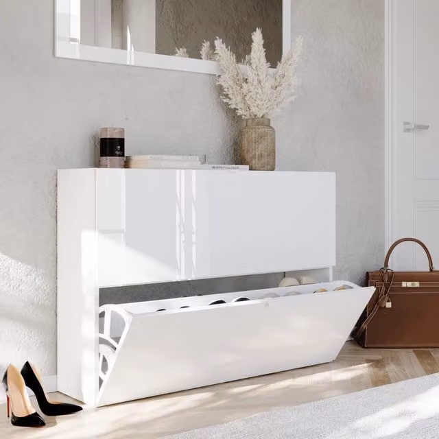 Mobile Portascarpe Lovero, Scarpiera 20 Paia, 110x25x75h cm Bianco Lucido