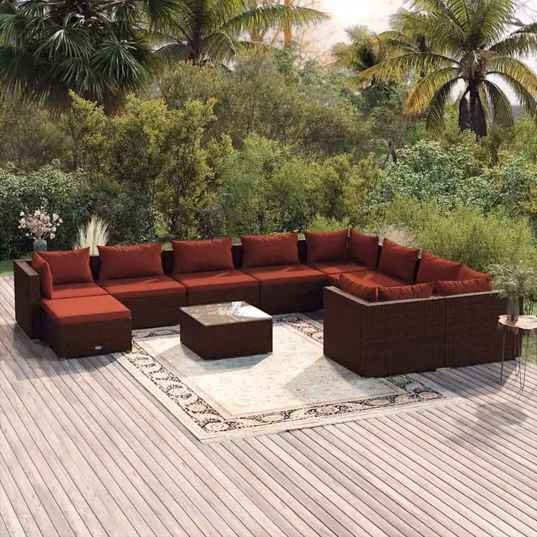vidaXL Set Divani da Giardino a Forma di U in Polyrattan Marrone con Cuscini e Tavolino da Esterno