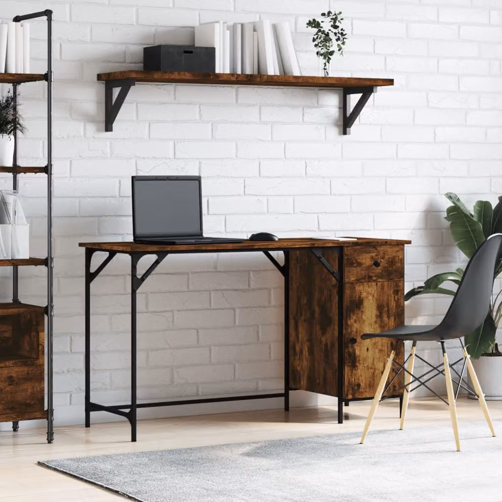 Scrivania Computer moderna vidaXL in legno e metallo, colore rovere fumo, L: 131 cm, P: 48 cm, H: 75 cm