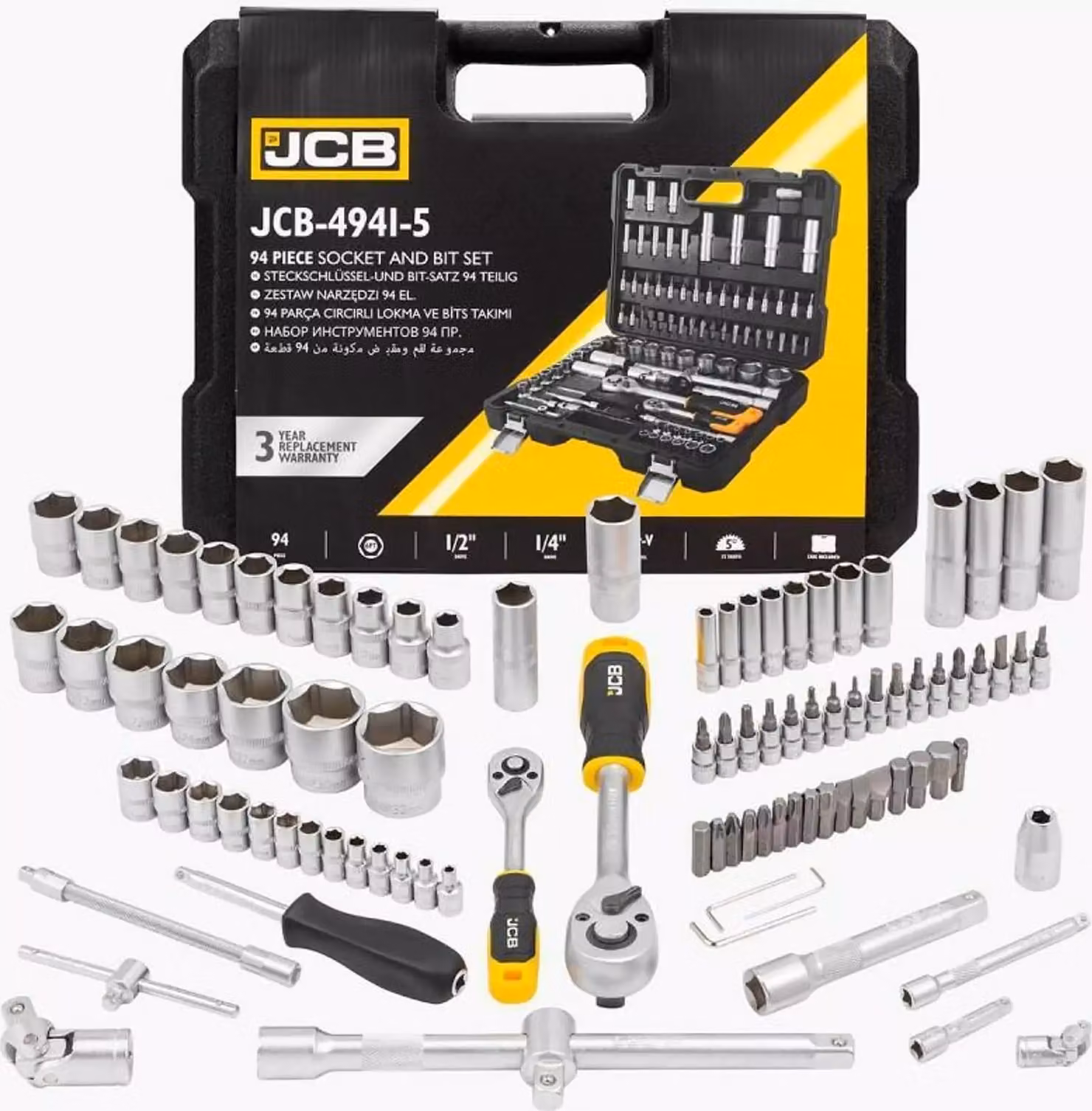 JCB | Cassetta degli attrezzi piena, 1/4", esagono, 4-32mm, 94 pezzi, set di attrezzi, cassetta degli attrezzi, cassetta degli attrezzi