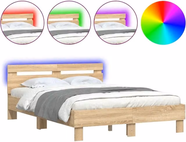 Letto matrimoniale | Letto per adulti | Giroletto con Testiera e LED Rovere Sonoma 120x190 cm