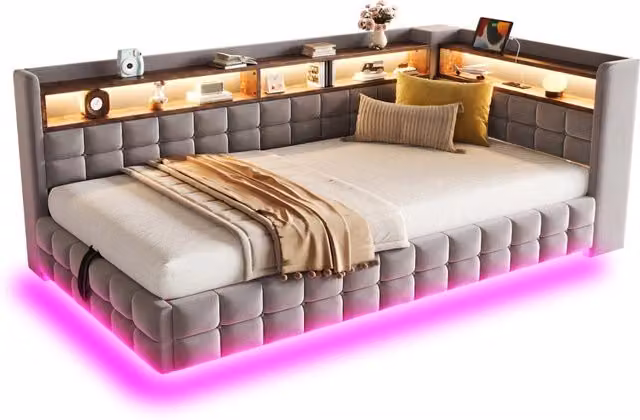 Divano letto 90x200 cm con vano idraulico; LED e prese USB-C; grigio chiaro