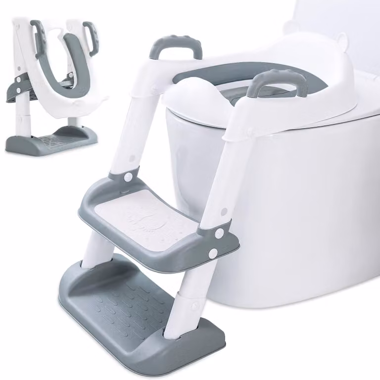 Riduttore per WC per bambini, con scaletta, sedile in poliuretano, pieghevole e regolabile, adatto a WC a forma di V, U e O