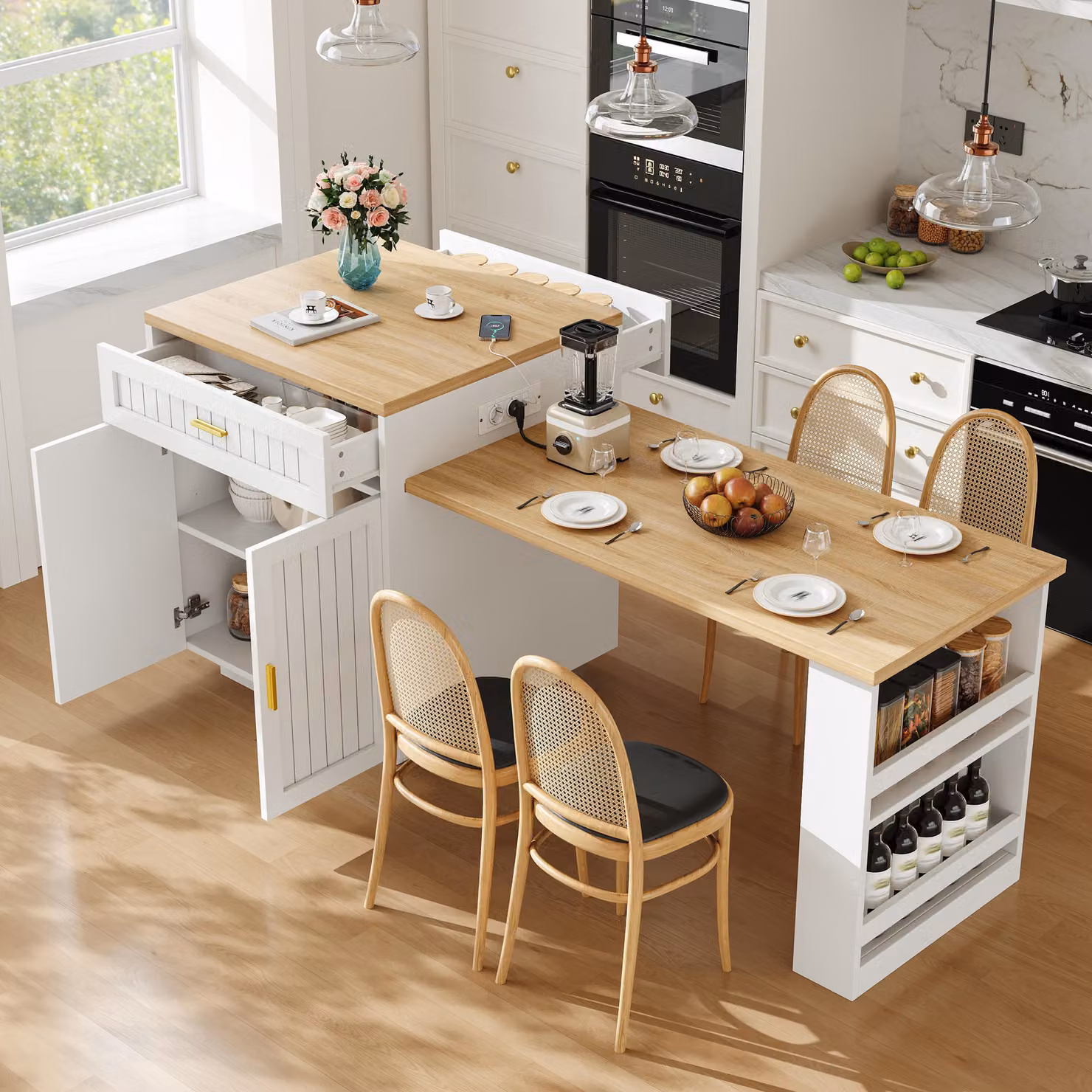Isola da cucina estraibile con presa di corrente integrata, dimensioni 121,5–192 x 70 x 92 cm, isola da cucina in MDF bianco e metallo, con piano di lavoro in legno e spazio contenitivo
