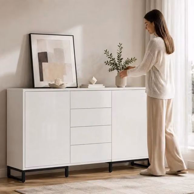 Madia cassettiera con 6 cassetti e ampio spazio contenitivo per soggiorno e camera, credenza buffet moderna con frontali lucidi e gambe robuste in metallo, 140x39,5x78,5 cm, bianco e nero, elegante e capiente