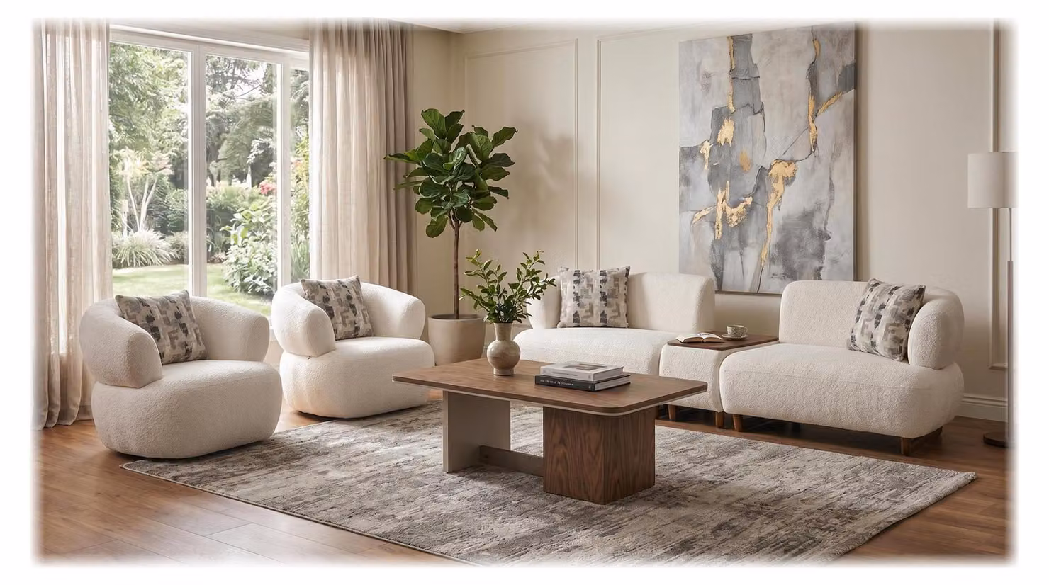 Divano componibile 4 posti + 1 poltrona + 1 poltrona, colore beige, tessuto, design moderno, stile classico, ideale per il soggiorno