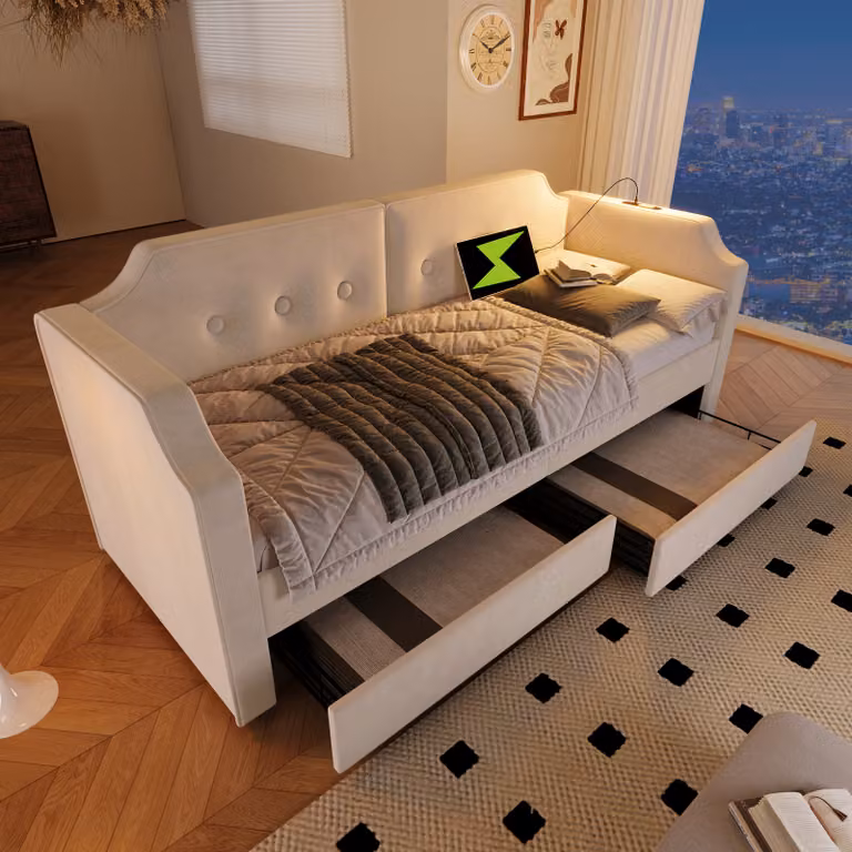 okwish Divano letto giorno 90x200 cm con doghe in legno, letto giorno bambino con lampada da lettura USB-Tipo-C e 2 cassetti portaoggetti (senza materasso) - beige