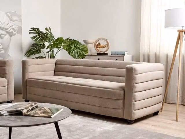 Divano a 3 posti Beliani in tessuto bouclé beige con design moderno e struttura in legno L: 214 cm, P: 79 cm, H: 72 cm