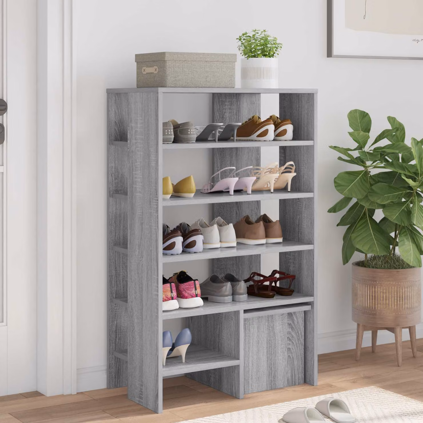 Mobile porta scarpe vidaXL con seduta integrata, colore grigio, in legno e MDF, L: 62 cm, P: 35 cm, H: 100 cm