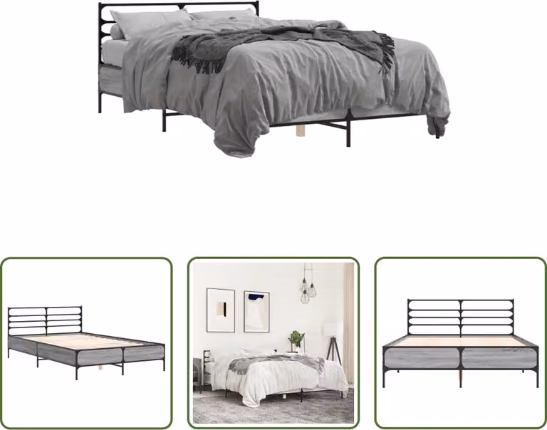 The Living Store Struttura letto Grey Sonoma 120x190 cm Materiale a base di legno e metallo