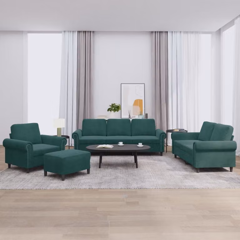 Set di divani vidaXL da 4 pezzi in velluto verde con pouf e cuscini per soggiorno