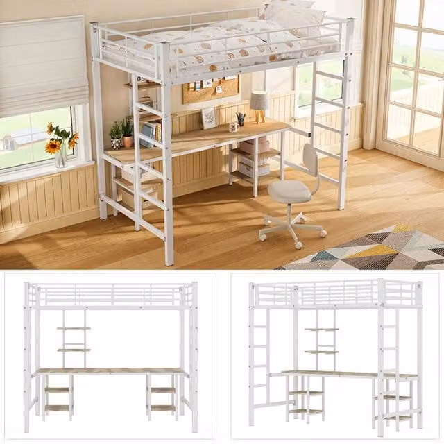 Letto a Soppalco 90x200 cm con Scrivania; Scaffali; Scala Laterale e Barriere Bianco
