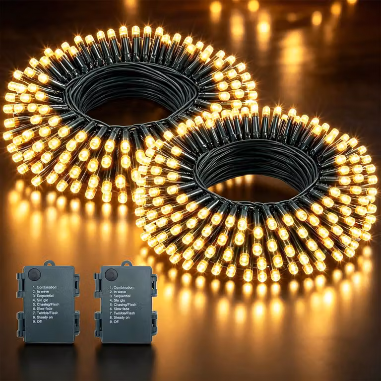 Catena luminosa a LED, 10 metri, 100 LED, confezione da 2, luce bianco caldo, con timer
