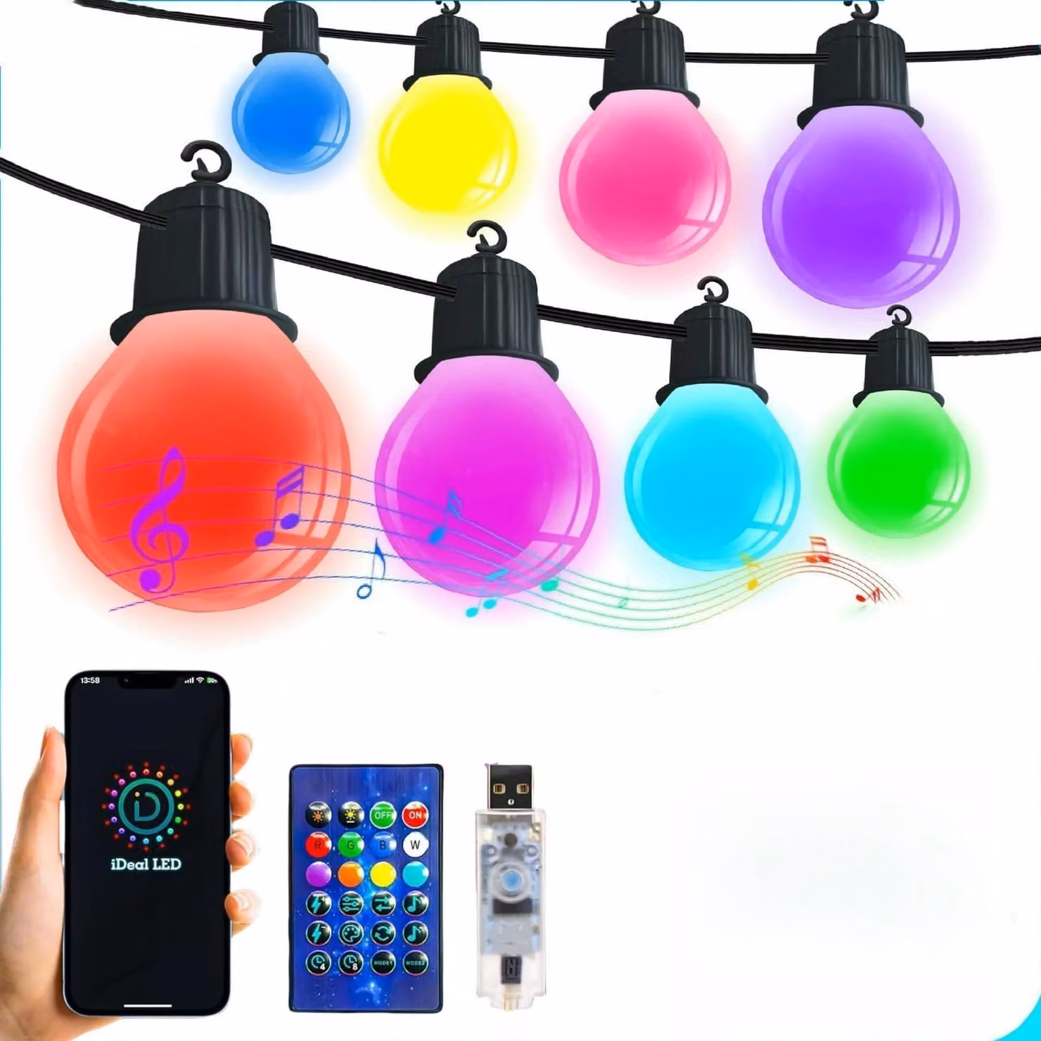 Catena luminosa a LED, 18 metri, grado di protezione IP65, 25 lampadine RGB G40, controllo tramite app e telecomando