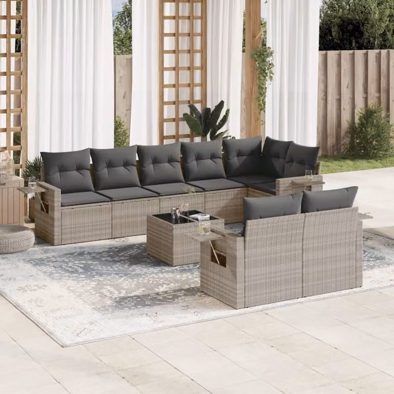 Set Divano da Giardino vidaXL 9pz in Polyrattan Grigio con Cuscini e Tavolino
