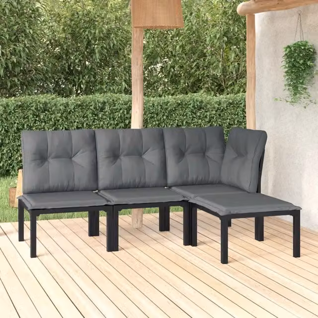 Set Salotto da Giardino a L vidaXL in Polyrattan Nero e Grigio con Cuscini e Ottoman