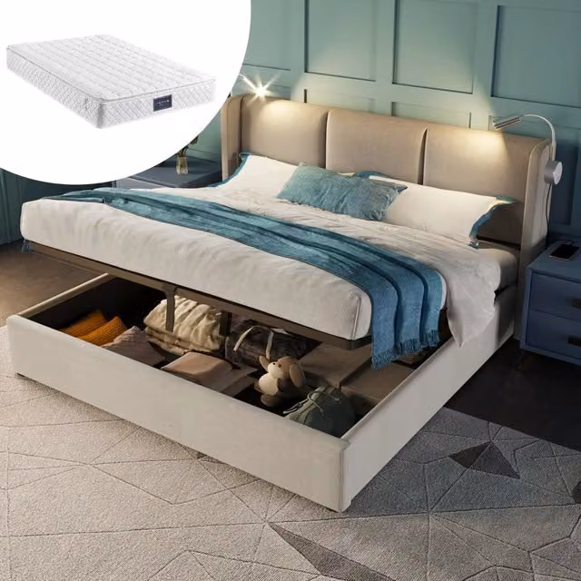 letto imbottito lino beige 140 x 200 cm
