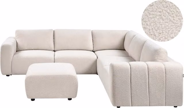 Divano modulare lato sinistro con pouf bouclè bianco sporco angolare componibile 5 posti Soggiorno moderno