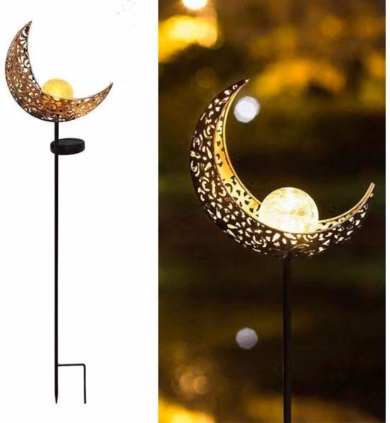 Lampada solare da esterno - Lampada a forma di luna con picchetto - Lampada solare da giardino - Lanterna da giardino - Lampada da esterno a LED con sensore - Torcia da giardino alta 80 cm - Metallo - Bronzo - Pezzo unico