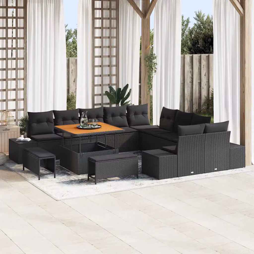 Set Divano da Giardino vidaXL 13 Pezzi in Polyrattan Nero con Cuscini e Tavolino – 1