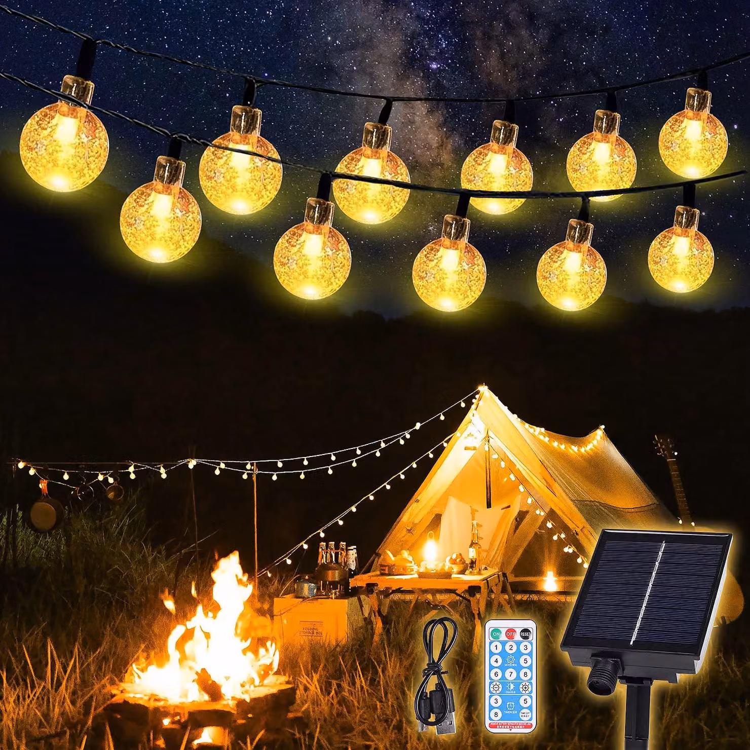 Catena luminosa solare SALCAR con telecomando, 15 metri, 60 LED, con sfere di cristallo. Catena luminosa da esterno con 8 modalità, grado di protezione IP44 (resistente all'acqua), ideale per balconi, campeggio, tende da campeggio, giardini e decorazioni.