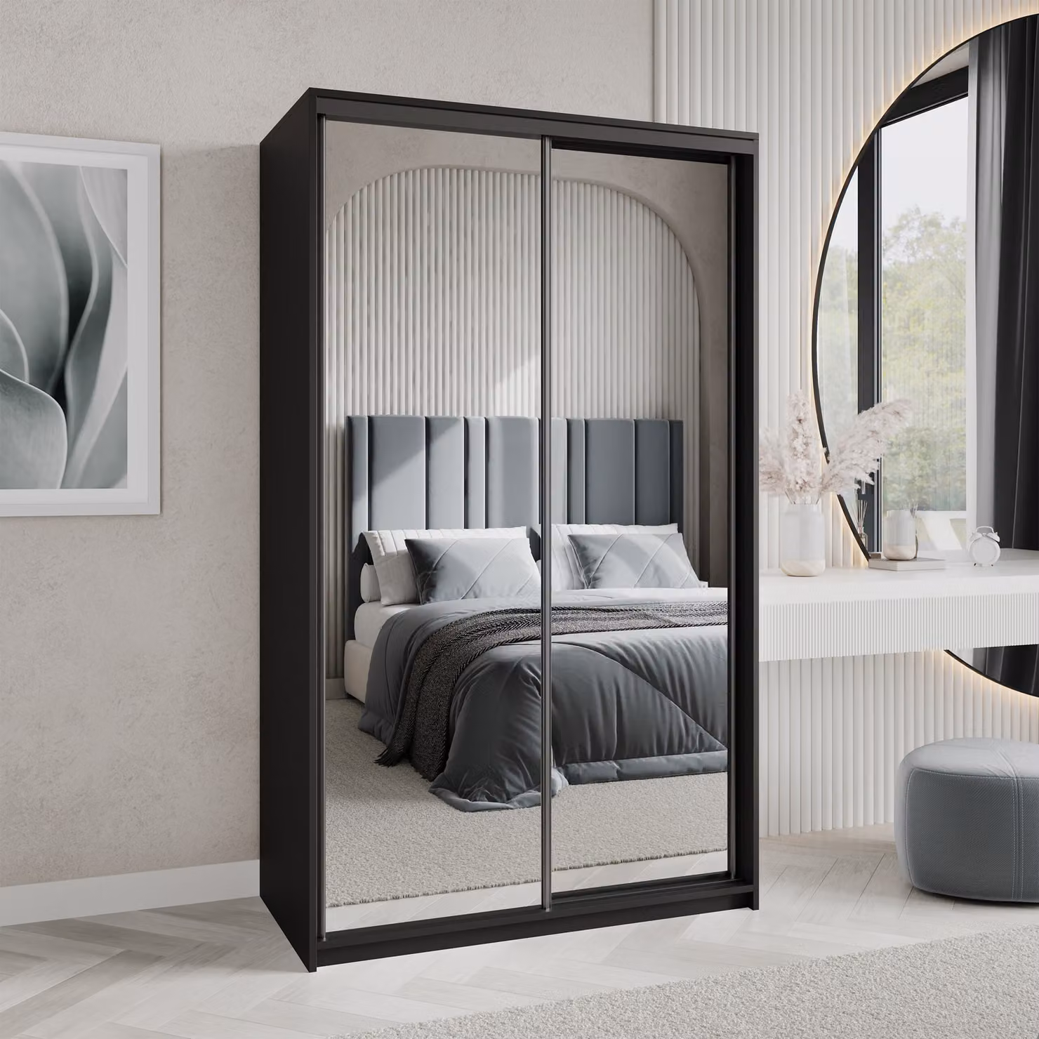 Armadio scorrevole Masseno RIEN 120/205/60 cm Armadio con cassetti Armadio per camera da letto a 2 ante con specchio Nero + Nero