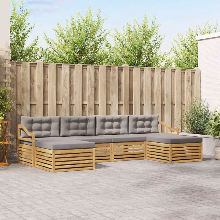 Set di divani da esterno vidaXL a forma di L composto da 6 pezzi in legno di acacia con cuscini, colore bianco e grigio