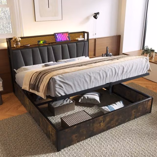 Letto matrimoniale 180 × 200 cm con contenitore testiera led prese usb ferro grigio rete a doghe in legno