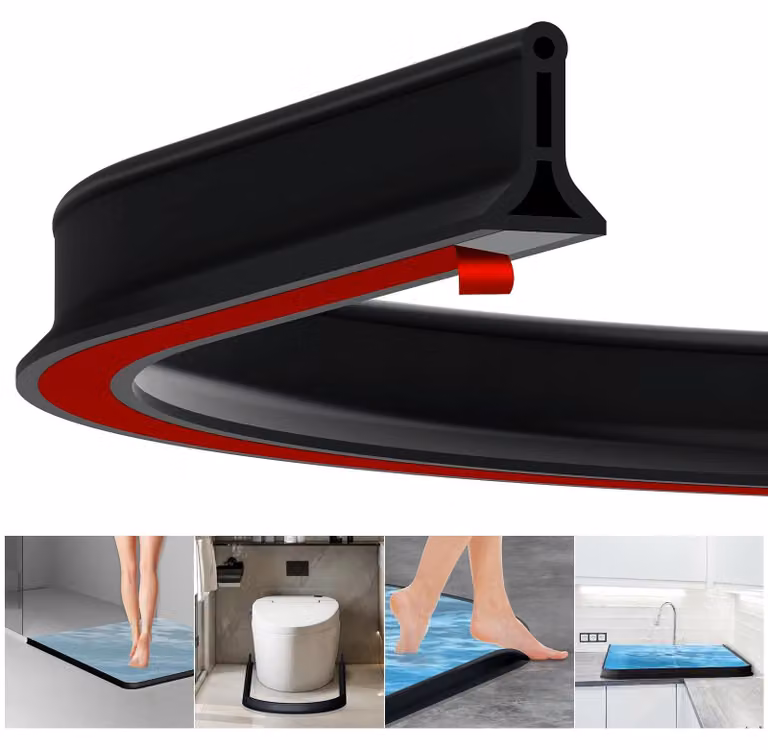 Barriera per pavimenti da 2 metri - Barriera impermeabile per doccia - Guarnizione in gomma - Sigillante flessibile per doccia - Protezione dagli schizzi - Nero, 200x4 cm - Striscia sigillante per doccia