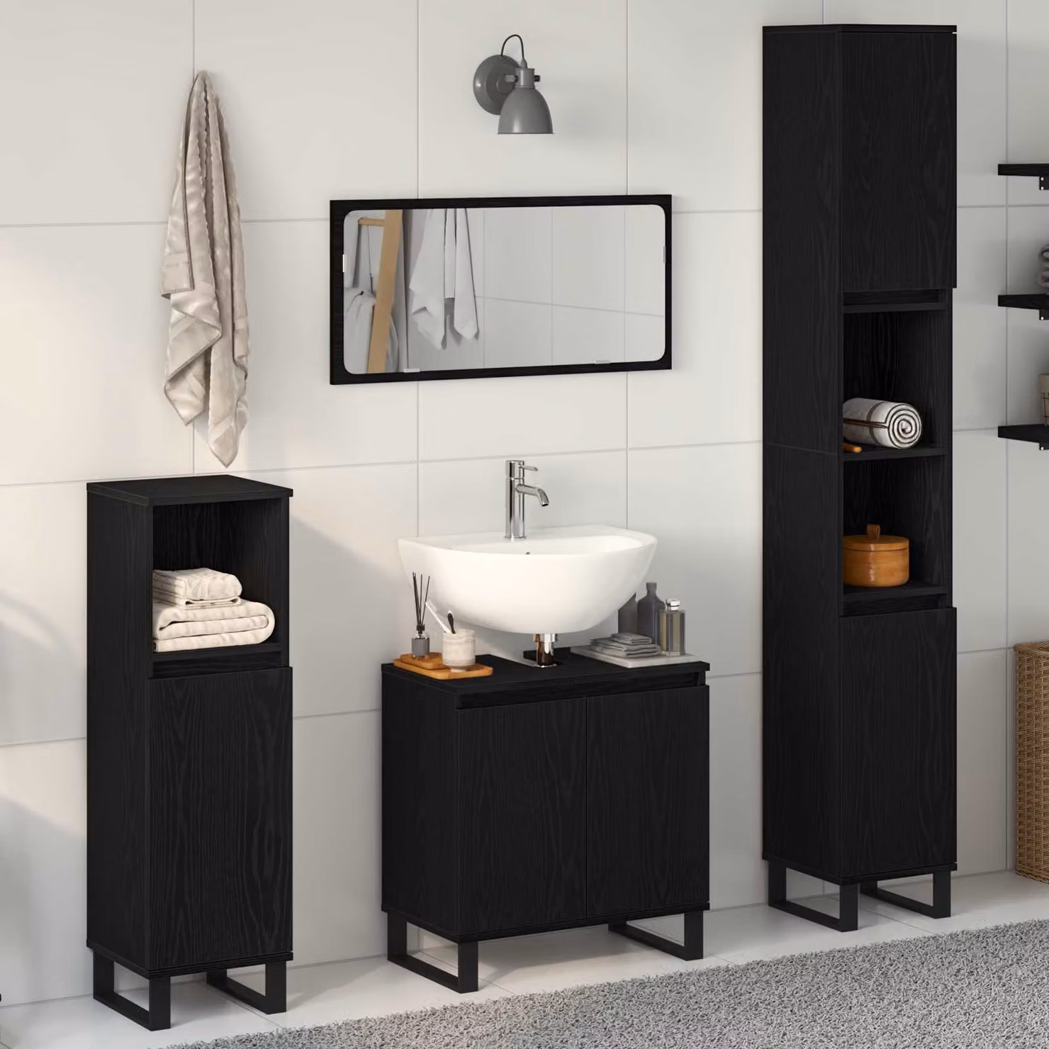 Set di mobili per il bagno vidaXL composto da 3 pezzi in nero, include base lavabo, mobile laterale e colonna alta, H x L x P: 190 x 30 x 30 cm
