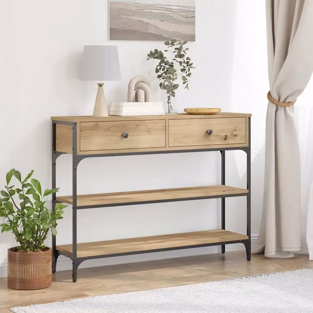 Tavolo Consolle d'Ingresso Design Industrial in Rovere e Metallo, L/P/H: 100 x 25 x 75 cm – 2