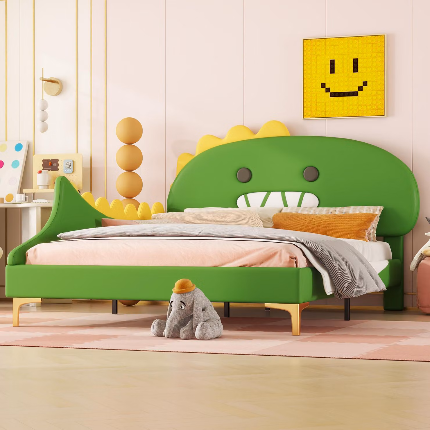 Letto imbottito per bambini Merax 140 x 200 cm, letto piatto a forma di dinosauro con rete a doghe, letto per ragazzi, letto per bambini, letto singolo, PU, verde