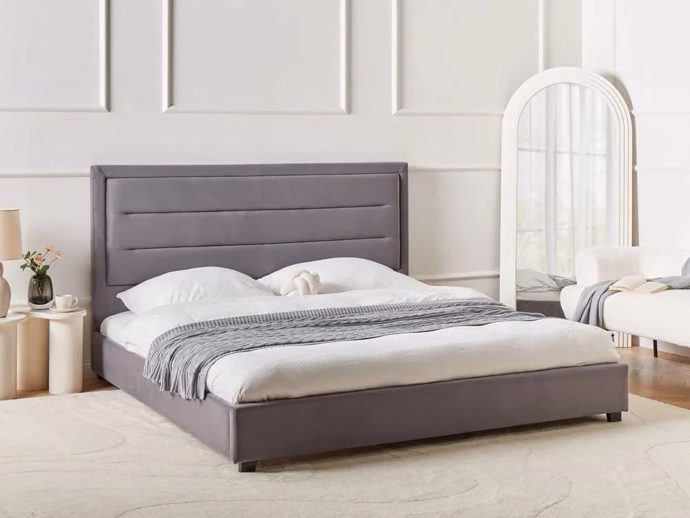 Letto matrimoniale ad acqua Beliani in velluto grigio con base contenitore lift up e stile moderno L/P/H: 180 x 200 x 112 cm – 2