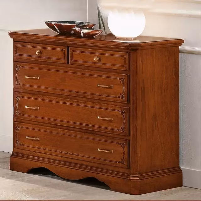 Comò in legno intagliato con 5 cassetti MOBILI 2G color noce L: 117 cm, P: 51 cm, H: 99 cm