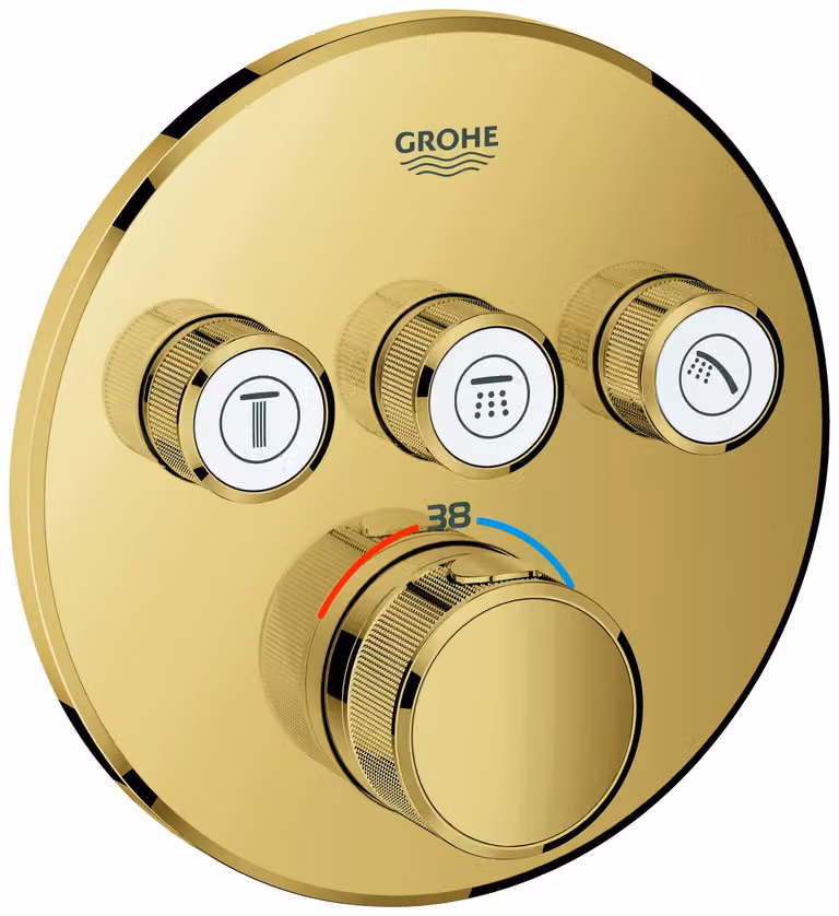 Thermostat Grohe Grohtherm SmartControl avec trois vannes d'arrêt, rosette murale ronde, 29121GL0, 29121GL0