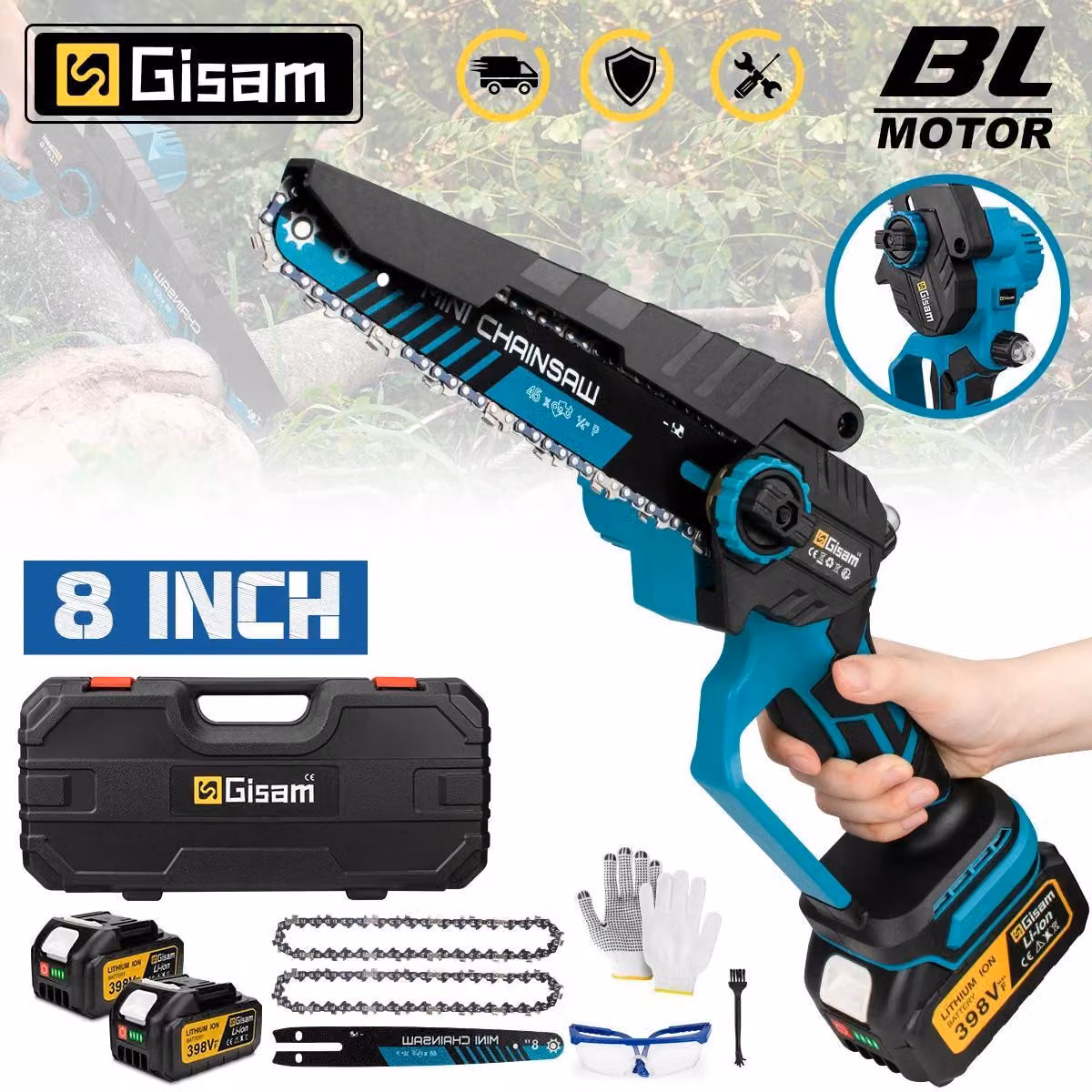 Seghetta a batteria - Senza fili, 20 cm - Motore brushless - 2 batterie incluse da 18 V - Per il taglio del legno e la potatura degli alberi - Braun